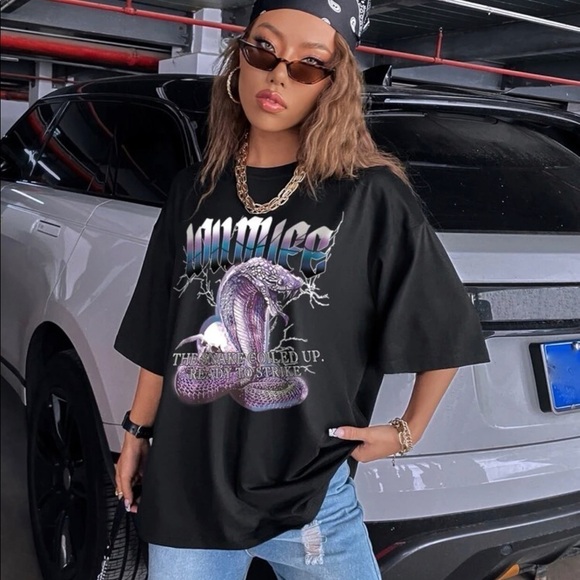 Snake And Slogan Graphic Drop Shoulder Tee - Picture 2 of 3